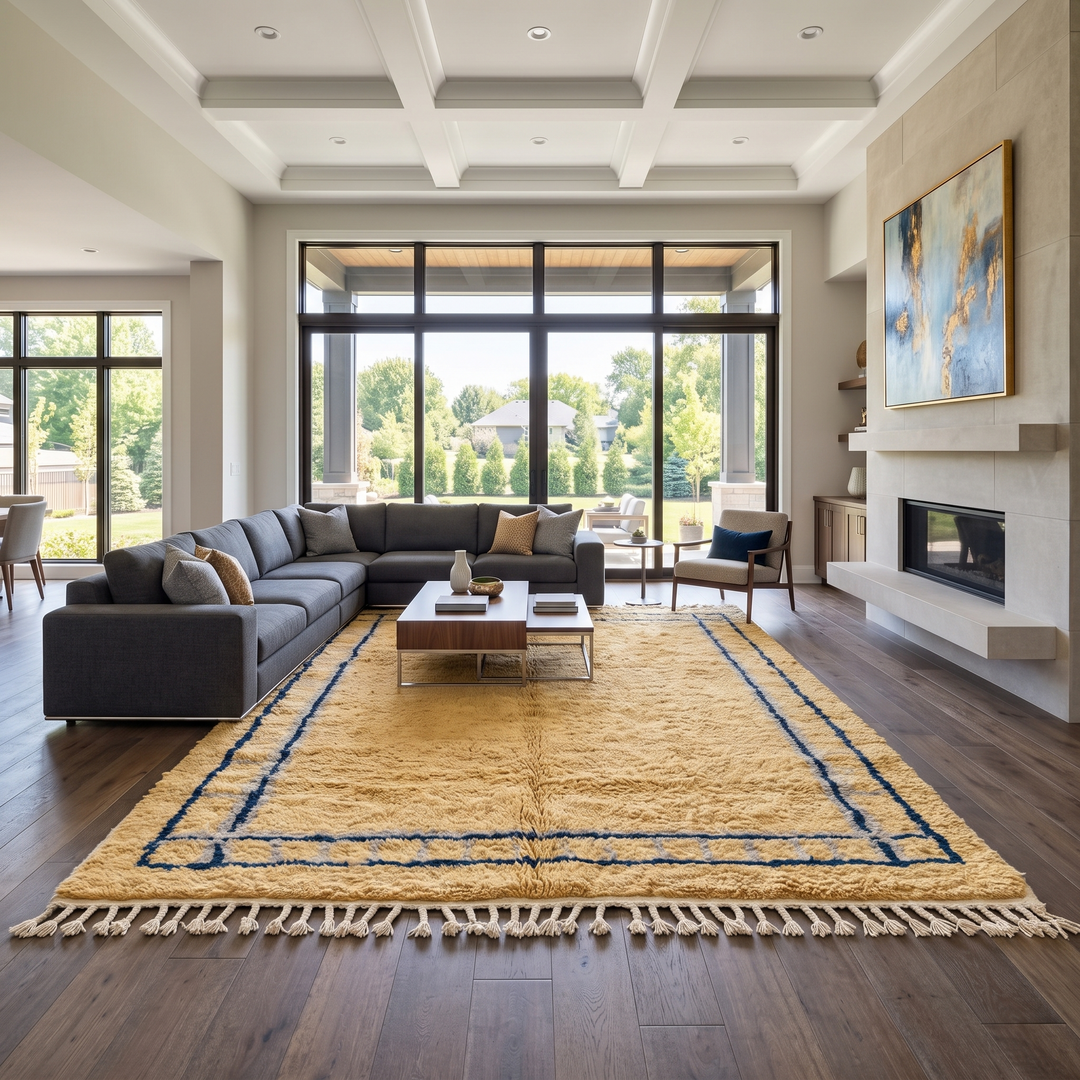 Handmade yellow Moroccan wool rug with blue border, soft plush Beni Mrirt design
