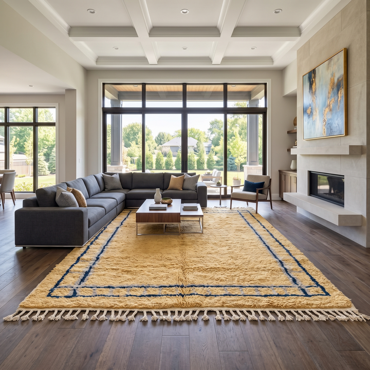 Handmade yellow Moroccan wool rug with blue border, soft plush Beni Mrirt design
