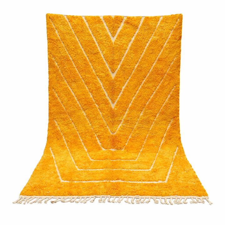 yellow moroccan wool rug with carved geometric berber lines high low texture handmade