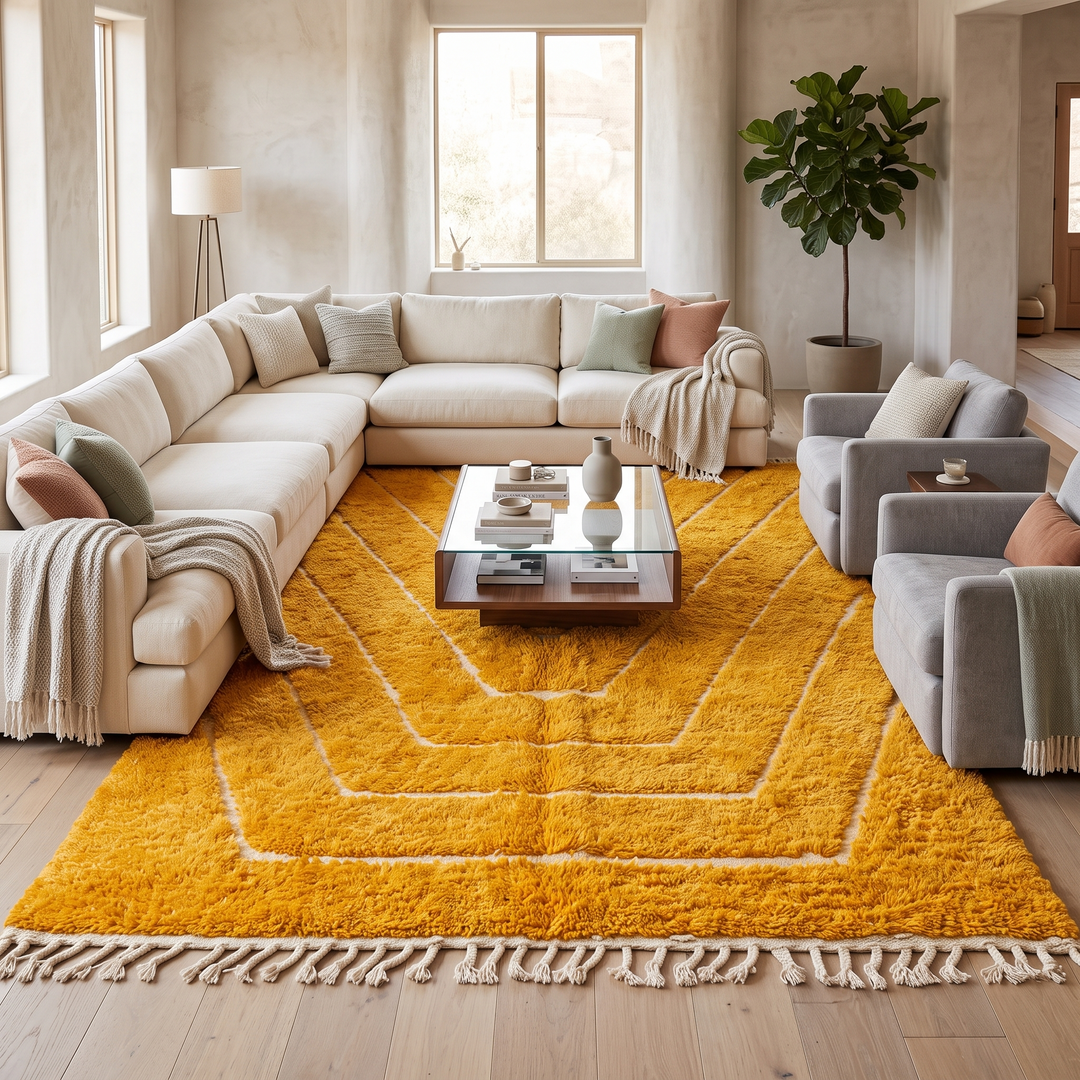 yellow moroccan wool rug with carved geometric berber lines high low texture handmade
