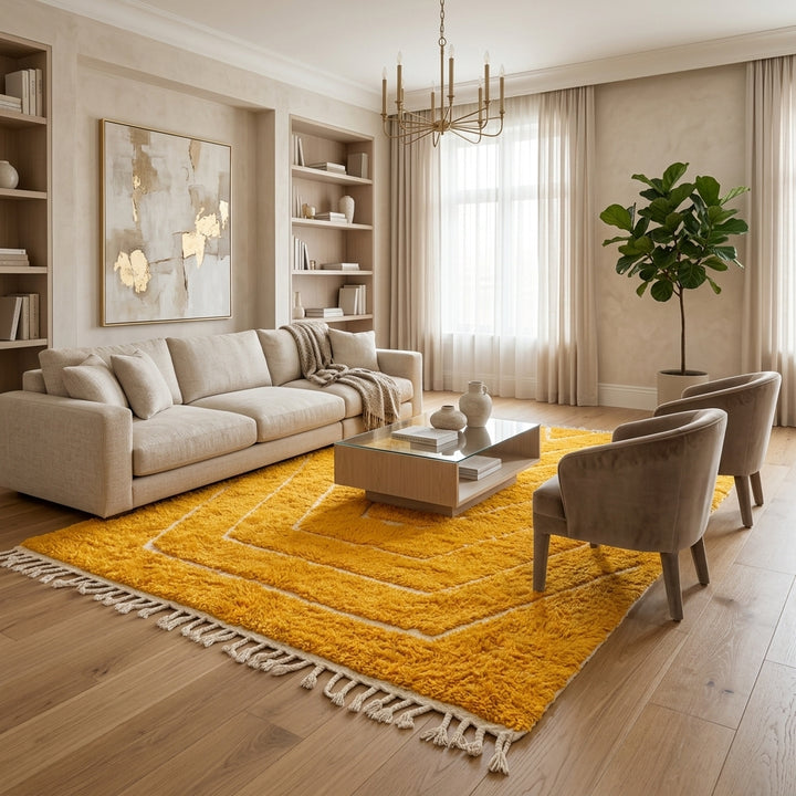 yellow moroccan wool rug with carved geometric berber lines high low texture handmade

