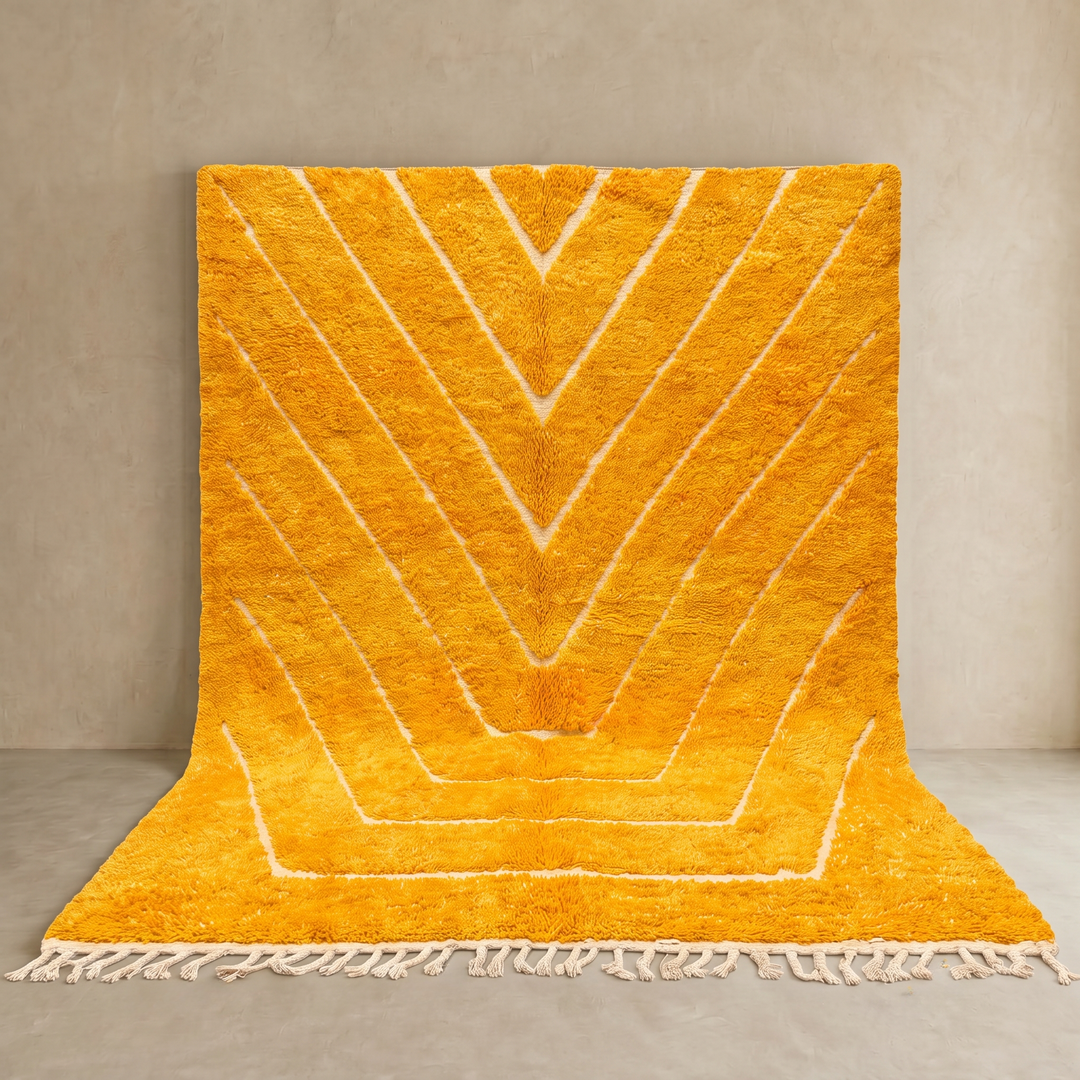 yellow moroccan wool rug with carved geometric berber lines high low texture handmade
