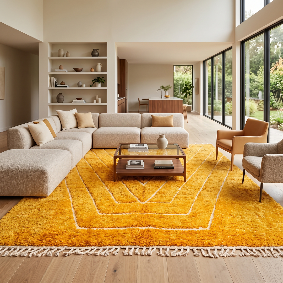 yellow moroccan wool rug with carved geometric berber lines high low texture handmade

