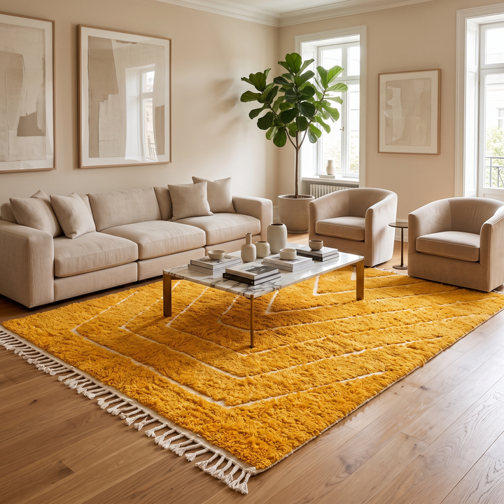 yellow moroccan wool rug with carved geometric berber lines high low texture handmade

