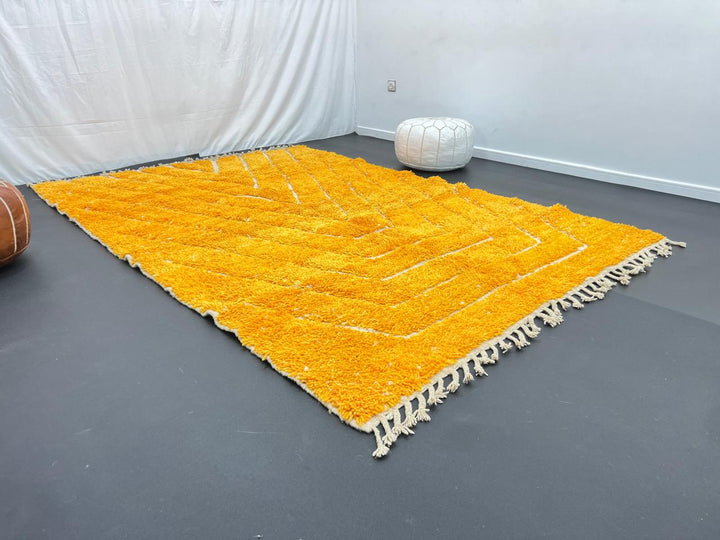 yellow moroccan wool rug with carved geometric berber lines high low texture handmade