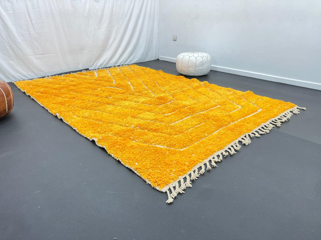 yellow moroccan wool rug with carved geometric berber lines high low texture handmade