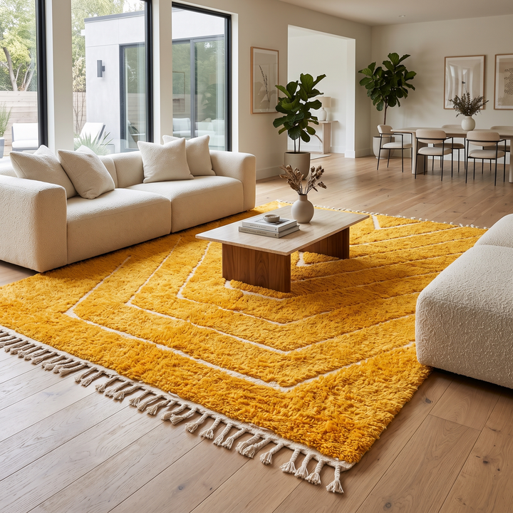 yellow moroccan wool rug with carved geometric berber lines high low texture handmade

