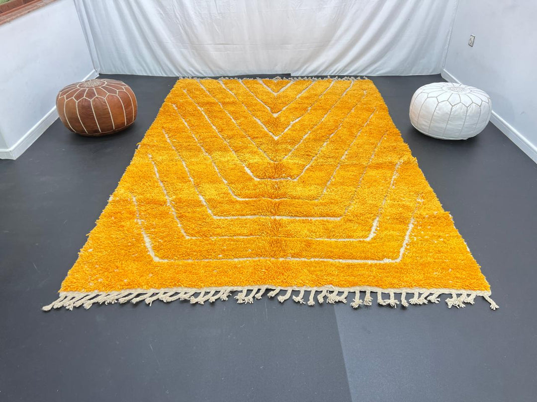 yellow moroccan wool rug with carved geometric berber lines high low texture handmade