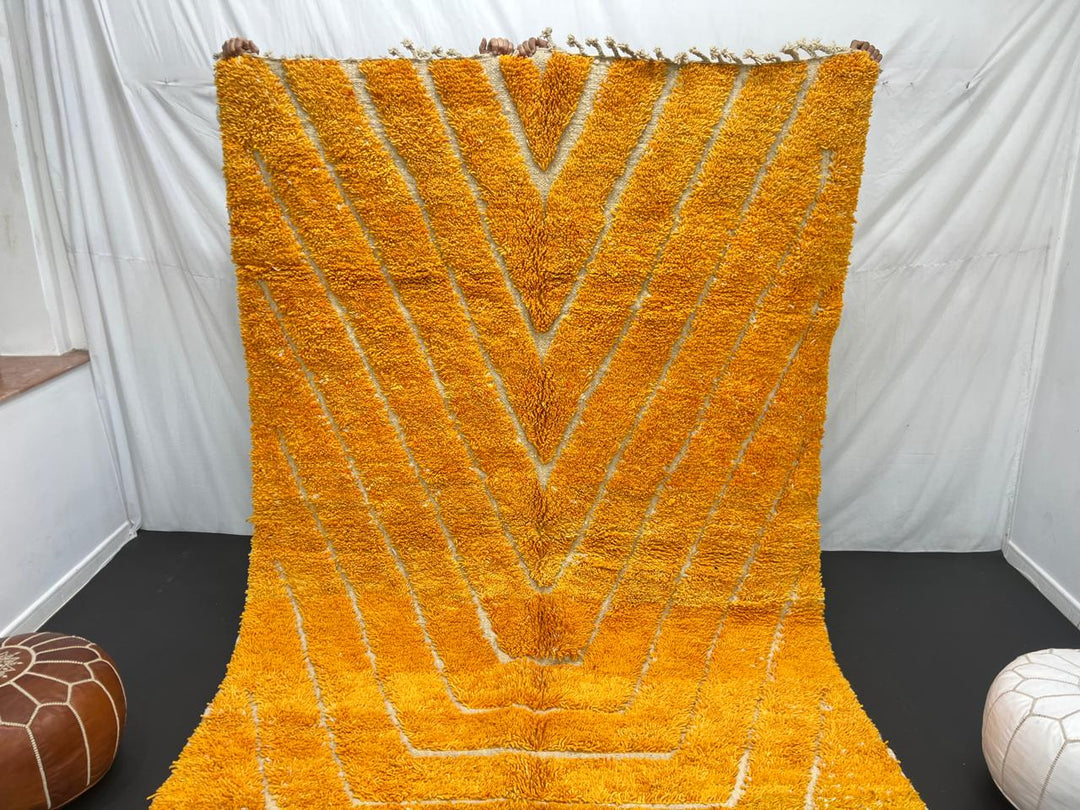 yellow moroccan wool rug with carved geometric berber lines high low texture handmade