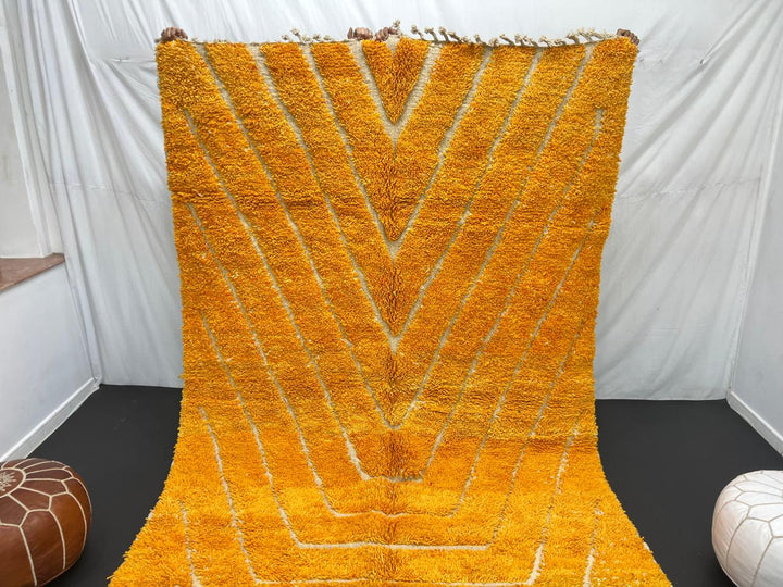 yellow moroccan wool rug with carved geometric berber lines high low texture handmade