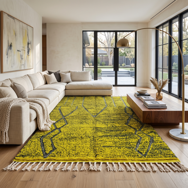 Handmade yellow-green Moroccan wool rug with gray geometric diamond lines – Beni Mrirt design