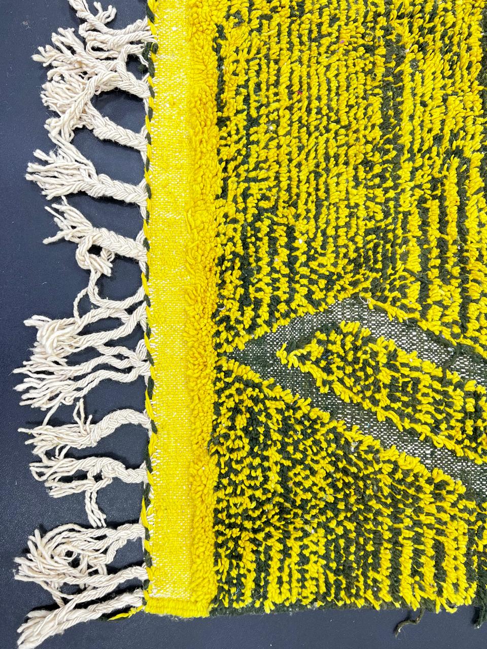 Handmade Moroccan runner rug with vibrant yellow background and green tribal line patterns, Berber style wool hallway rug