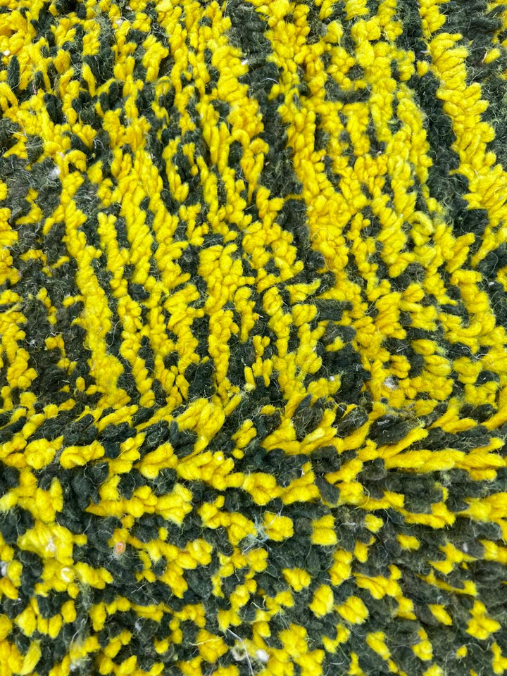 Handmade Moroccan runner rug with vibrant yellow background and green tribal line patterns, Berber style wool hallway rug