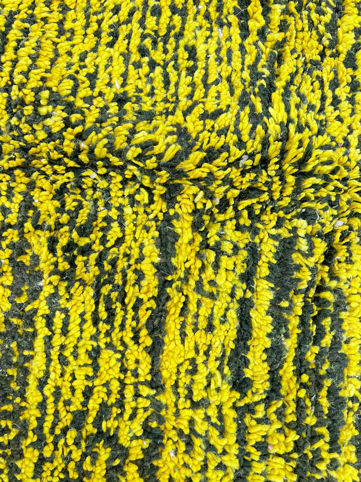 Handmade Moroccan runner rug with vibrant yellow background and green tribal line patterns, Berber style wool hallway rug