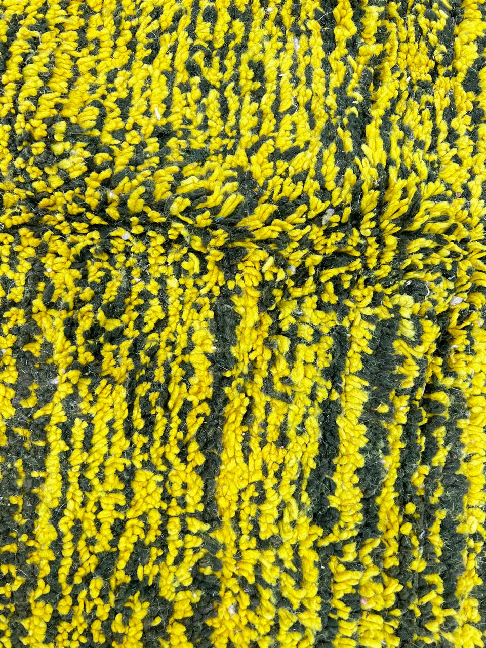 Handmade Moroccan runner rug with vibrant yellow background and green tribal line patterns, Berber style wool hallway rug