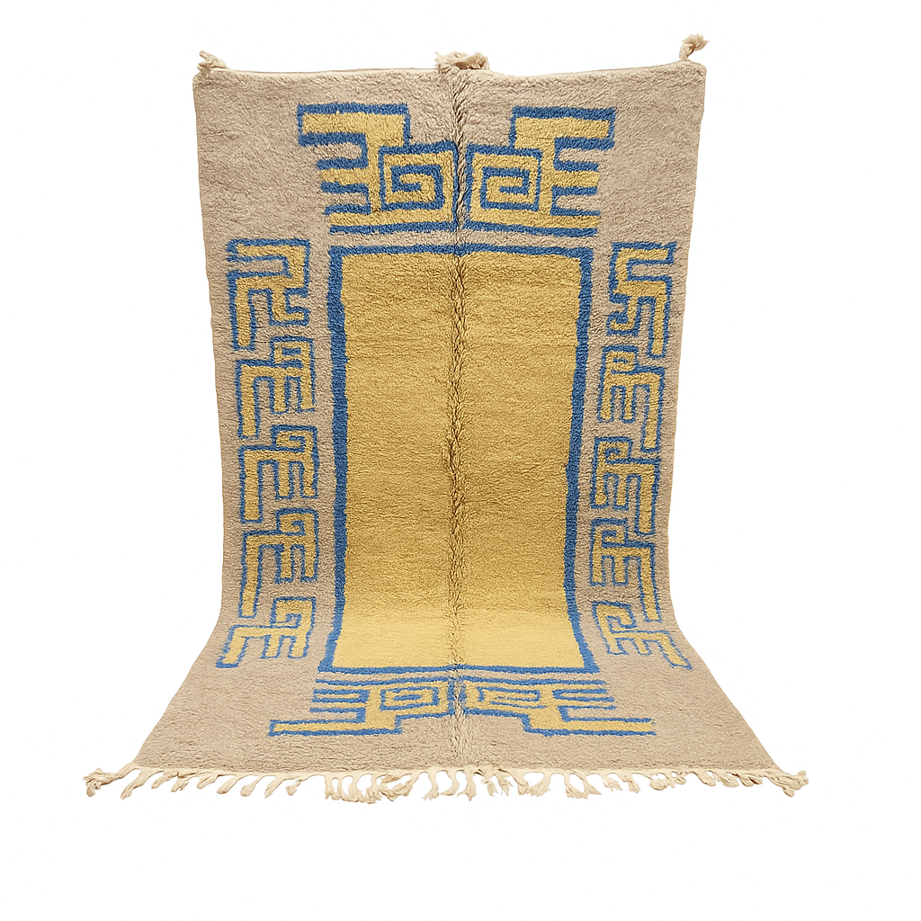 Yellow and blue Moroccan wool rug with geometric Berber border pattern
