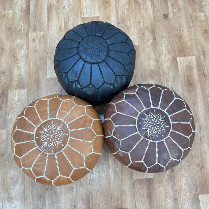 Handmade Genuine Moroccan Leather Pouf – Brown Berber Ottoman