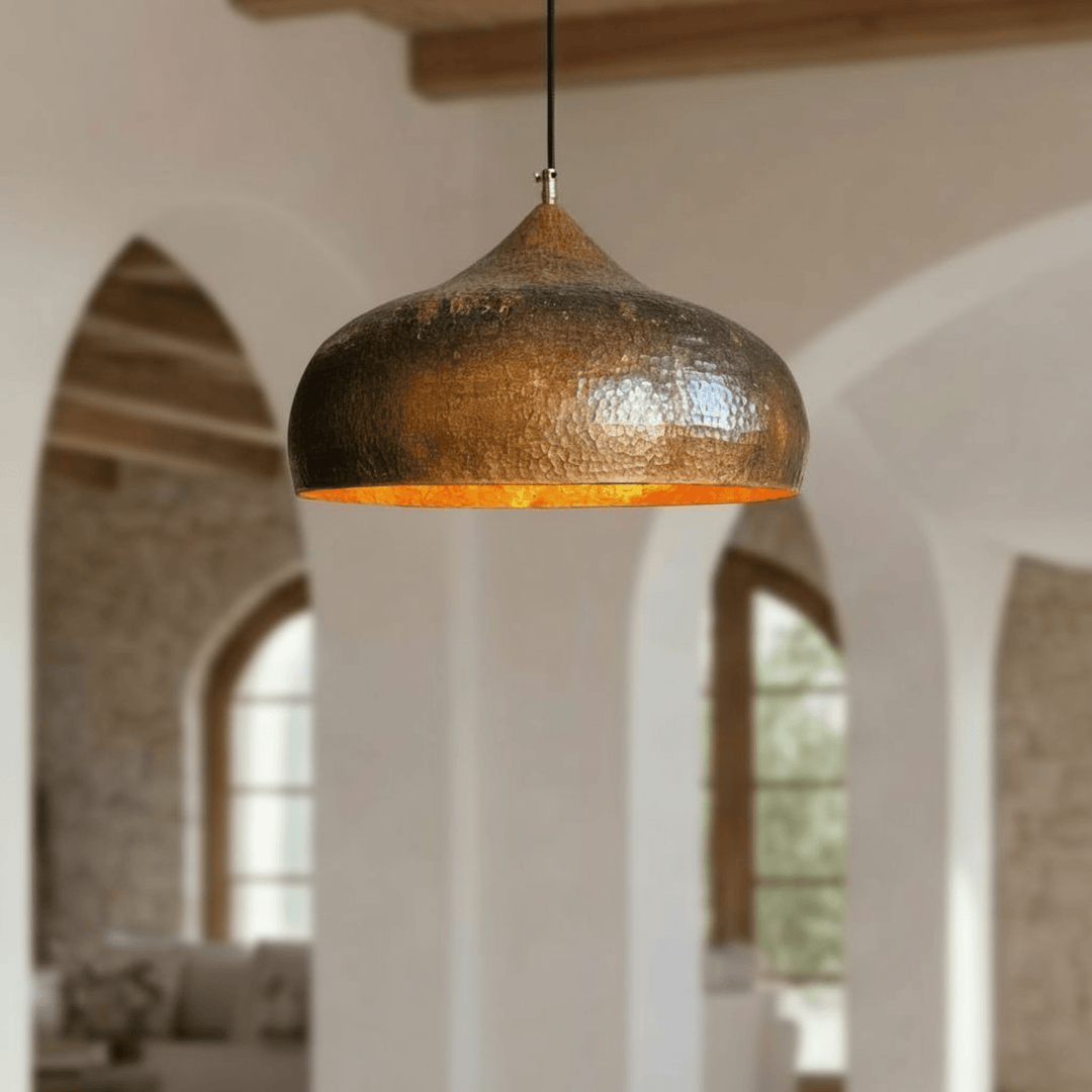 Handcrafted Aged Copper Dome Pendant Light – Hammered Rustic Ceiling Lamp