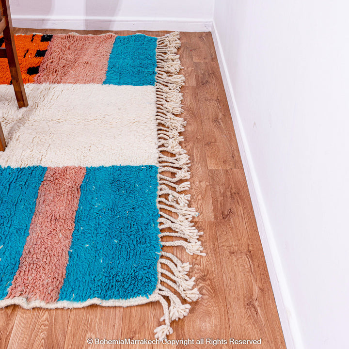 Handmade color block Moroccan rug with orange, black, pink, and blue wool – Beni Ourain style