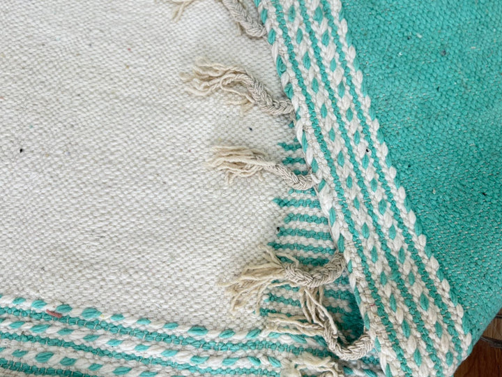 Flatweave Moroccan Rug – Abstract Turquoise & Pink Wool Carpet