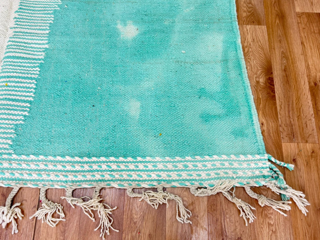 Flatweave Moroccan Rug – Abstract Turquoise & Pink Wool Carpet