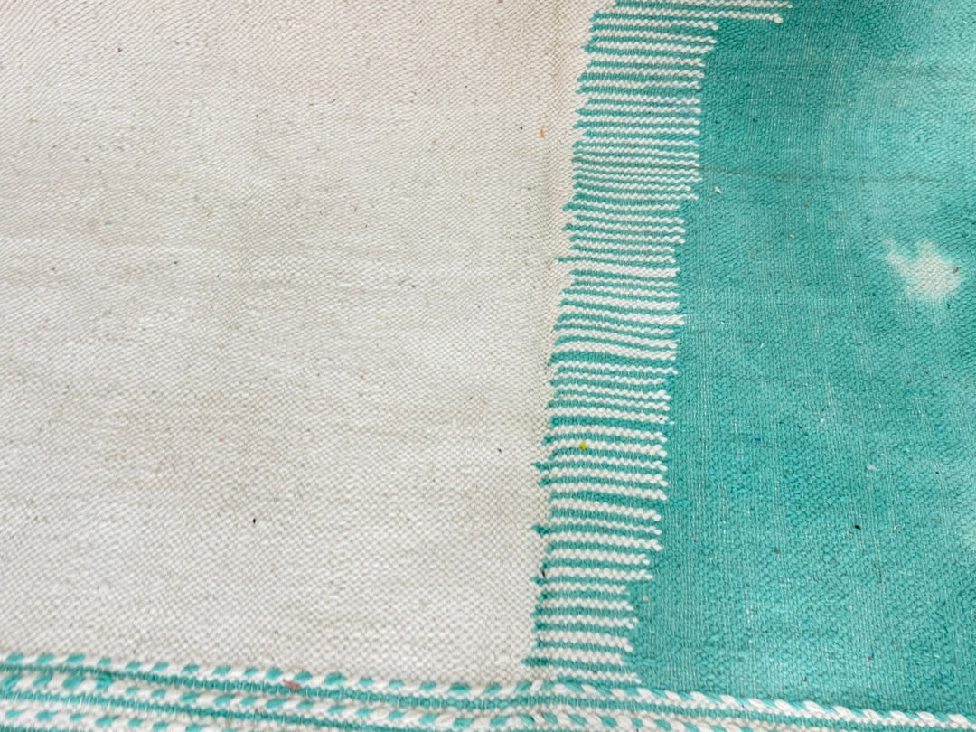 Flatweave Moroccan Rug – Abstract Turquoise & Pink Wool Carpet