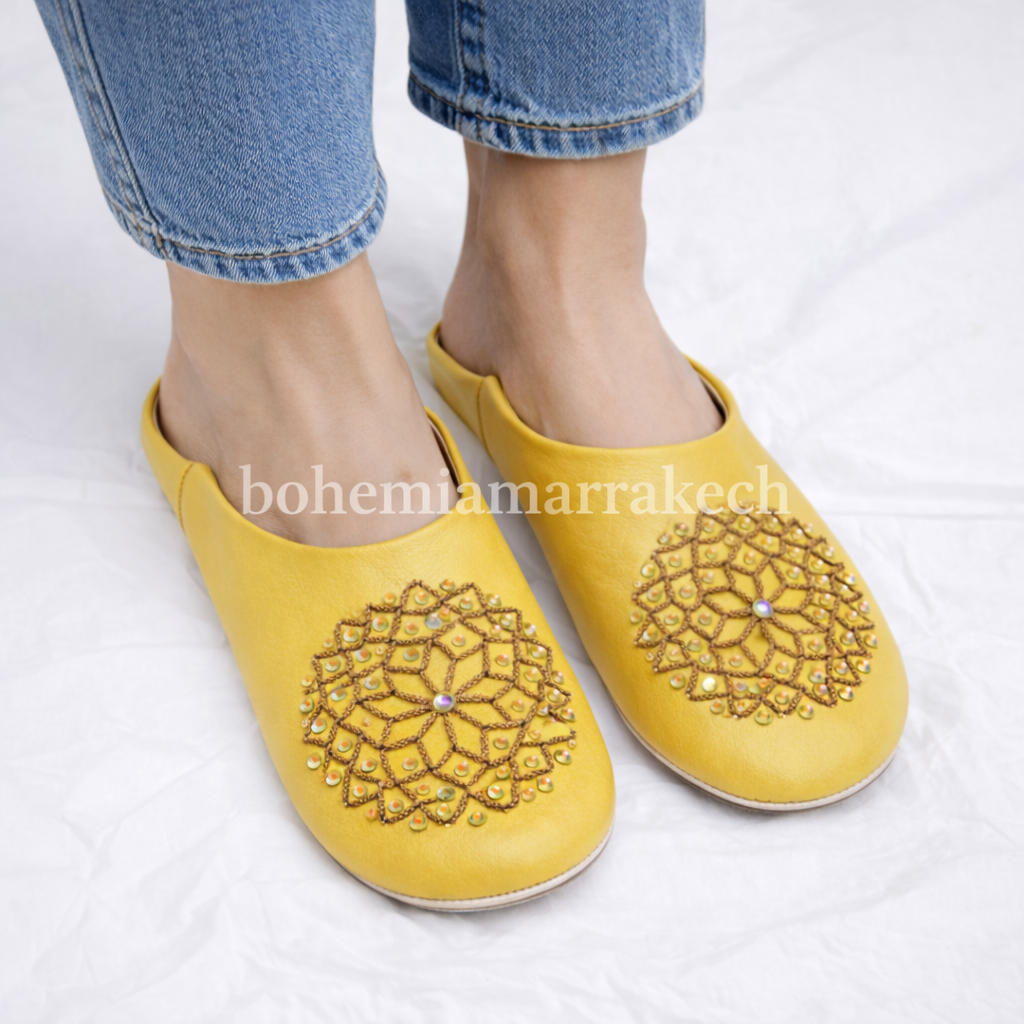 Artisan-made Moroccan babouche slippers for indoor wear.