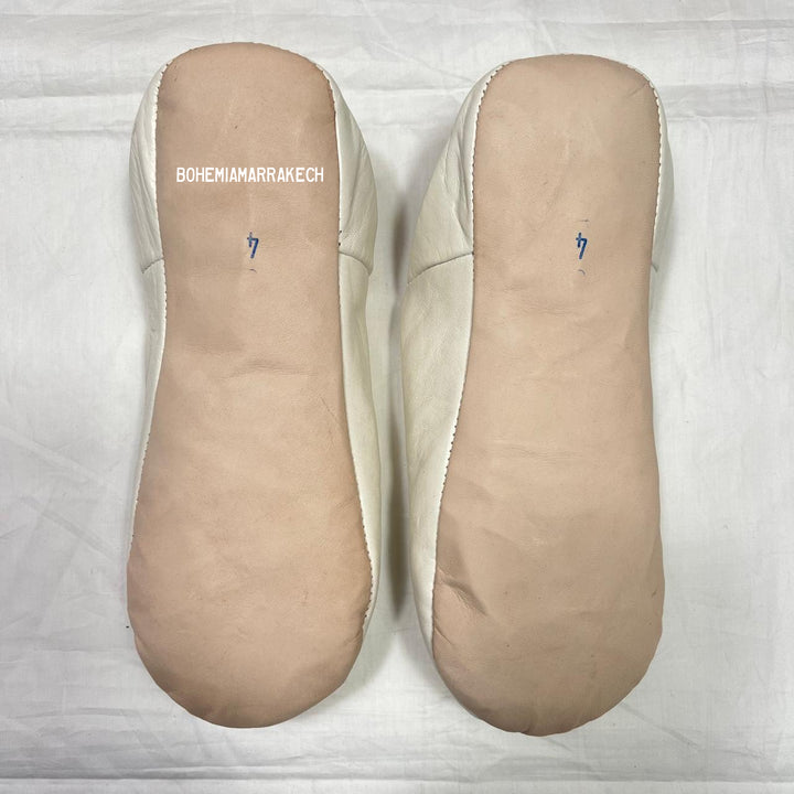 Handmade White Moroccan leather babouche slippers with flat sole