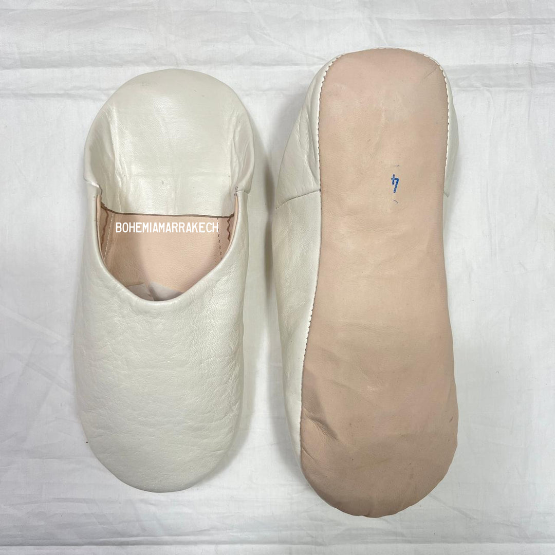 Handmade White Moroccan leather babouche slippers with flat sole