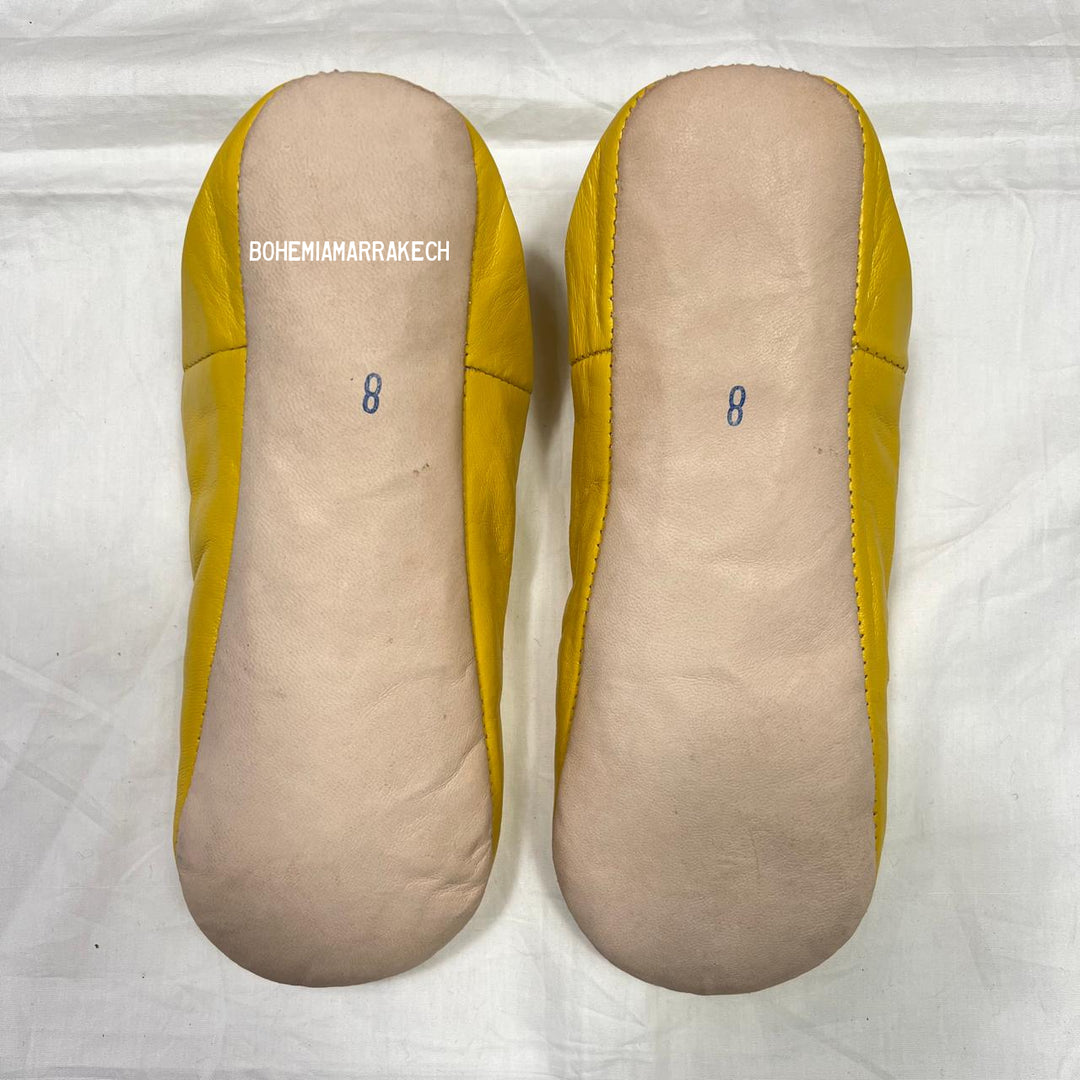 Handmade yellow Moroccan leather babouche slippers with flat sole