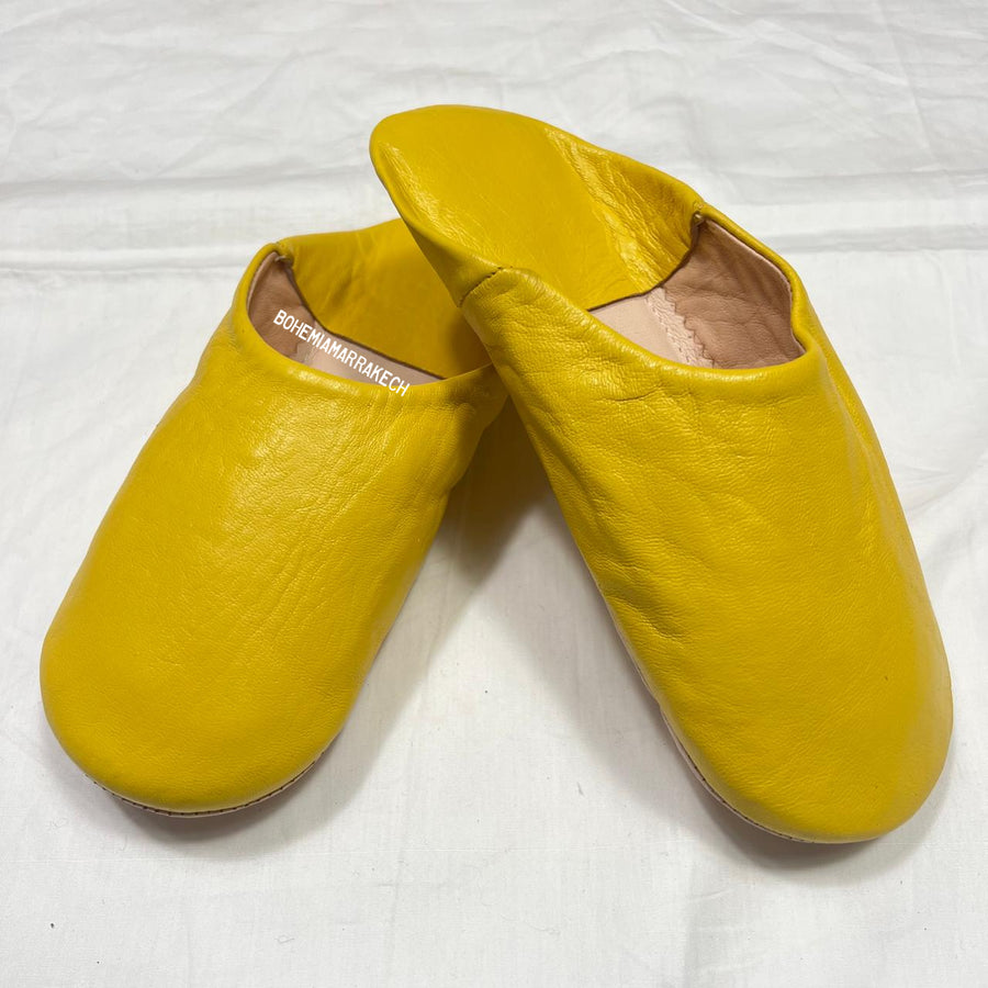 Handmade yellow Moroccan leather babouche slippers with flat sole