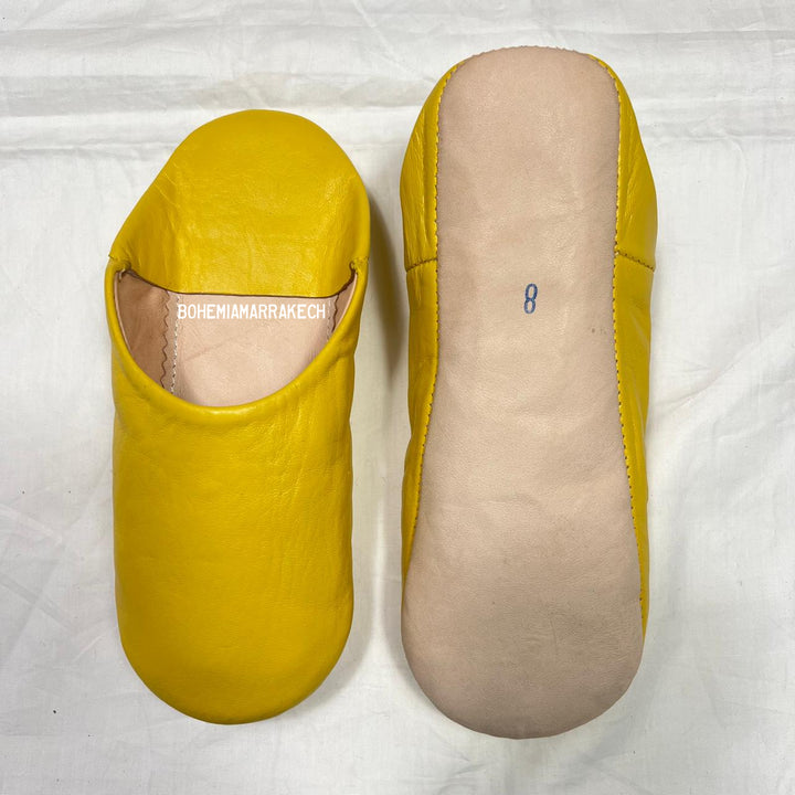 Handmade yellow Moroccan leather babouche slippers with flat sole