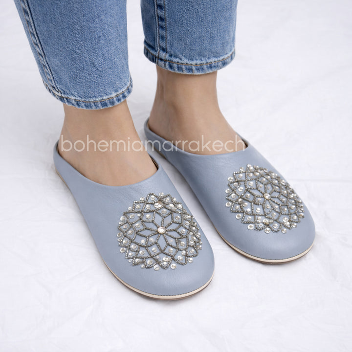 Traditional pointed Moroccan babouche slippers made from natural leather.