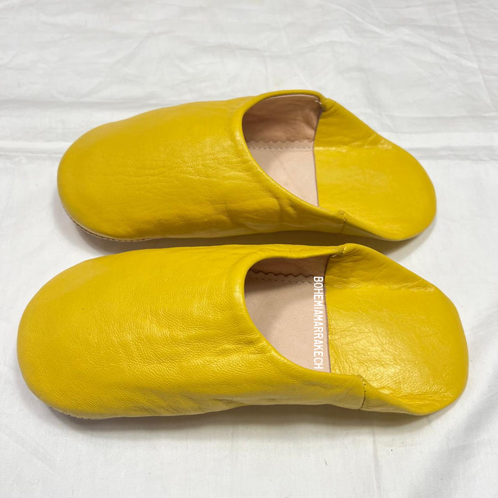 Handmade yellow Moroccan leather babouche slippers with flat sole