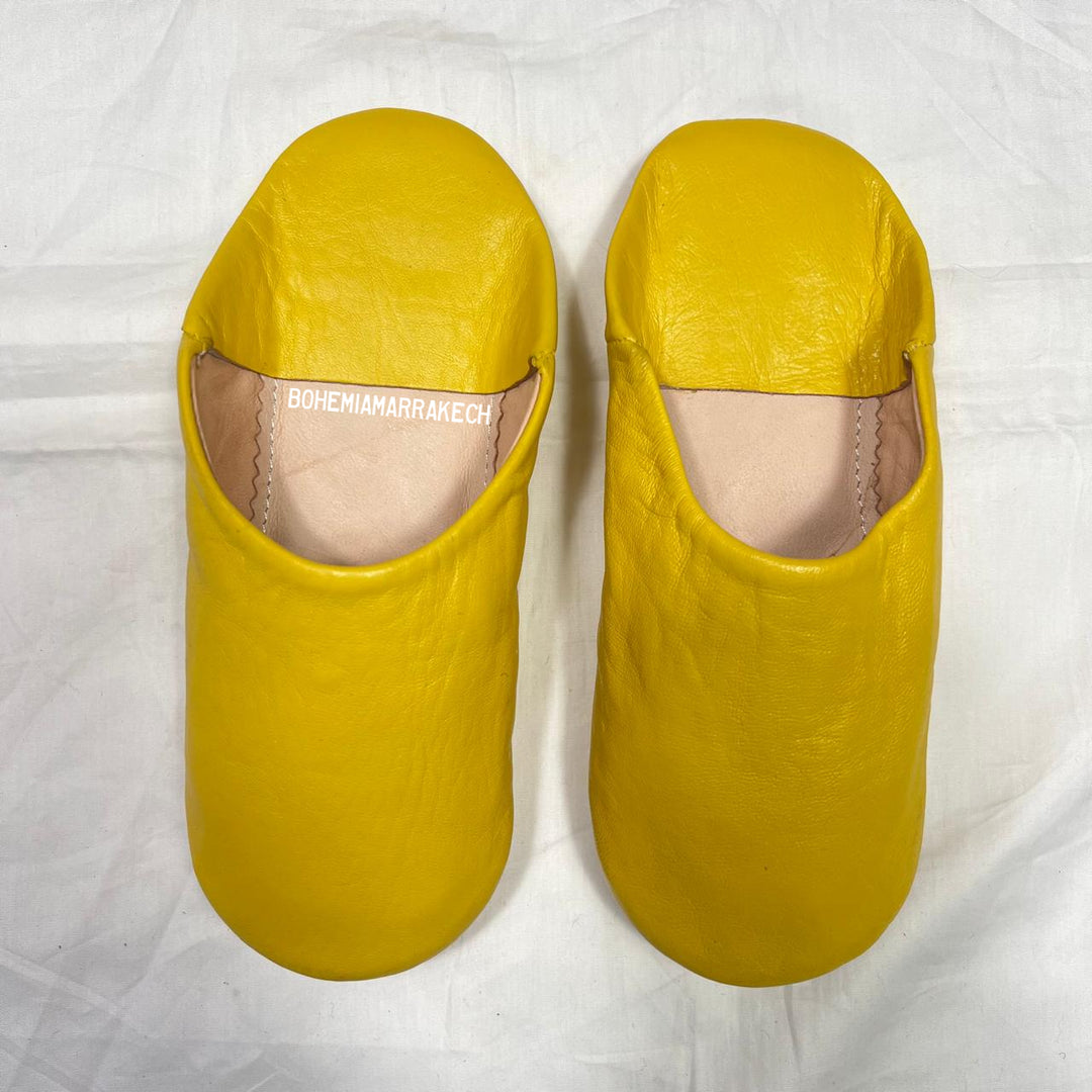 Handmade yellow Moroccan leather babouche slippers with flat sole