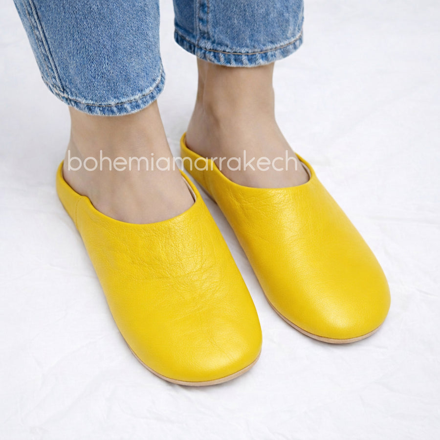 Handmade yellow Moroccan leather babouche slippers with flat sole