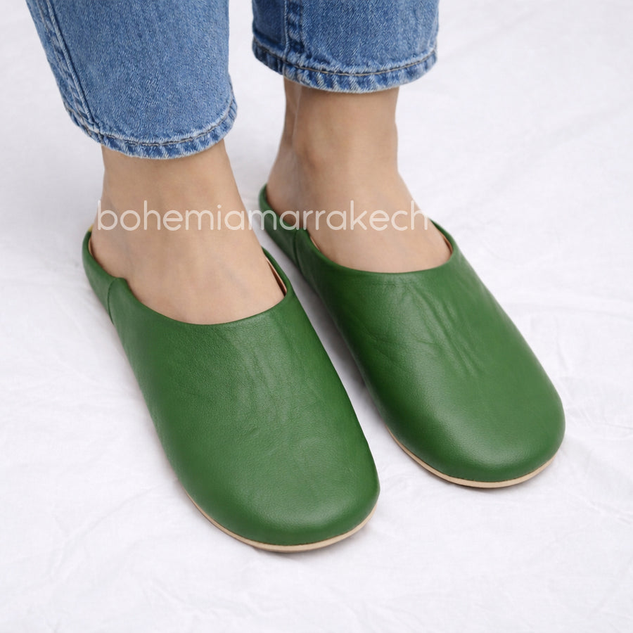 Minimalist Green Moroccan babouche slippers made from genuine leather