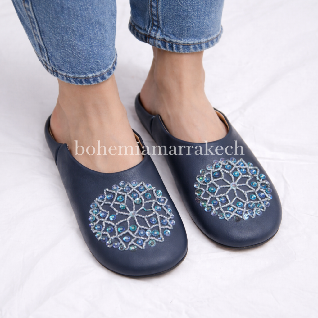 Handcrafted leather Moroccan babouche slippers in a classic pointed design.