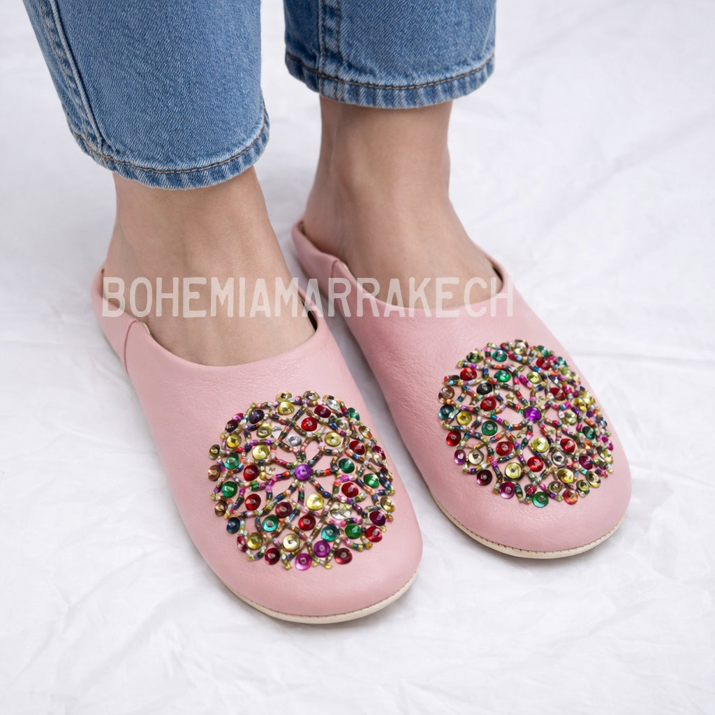 Traditional pointed Moroccan babouche slippers made from natural leather.