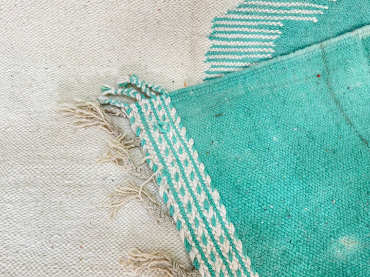 Flatweave Moroccan Rug – Abstract Turquoise & Pink Wool Carpet