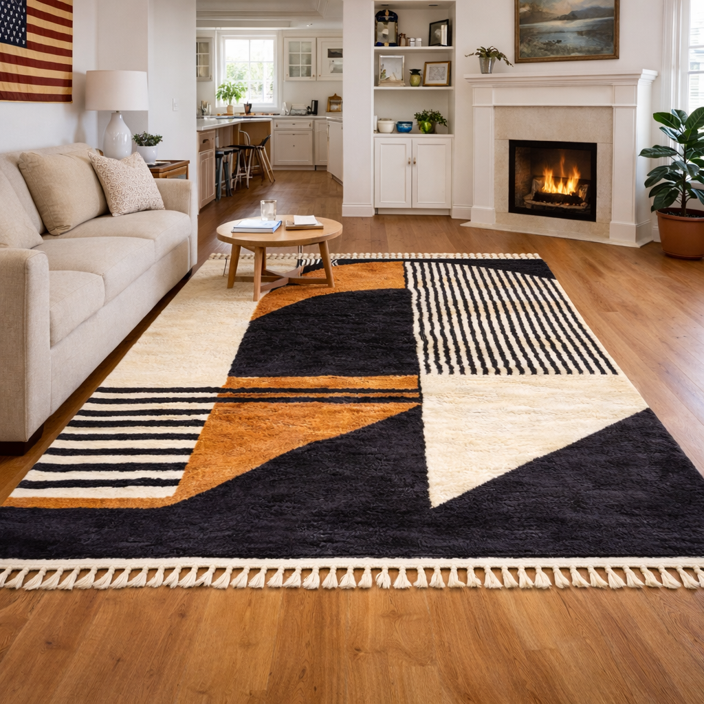 Luxury Custom Beni Mrirt Rug – Modern Arch &amp; Stripe Design