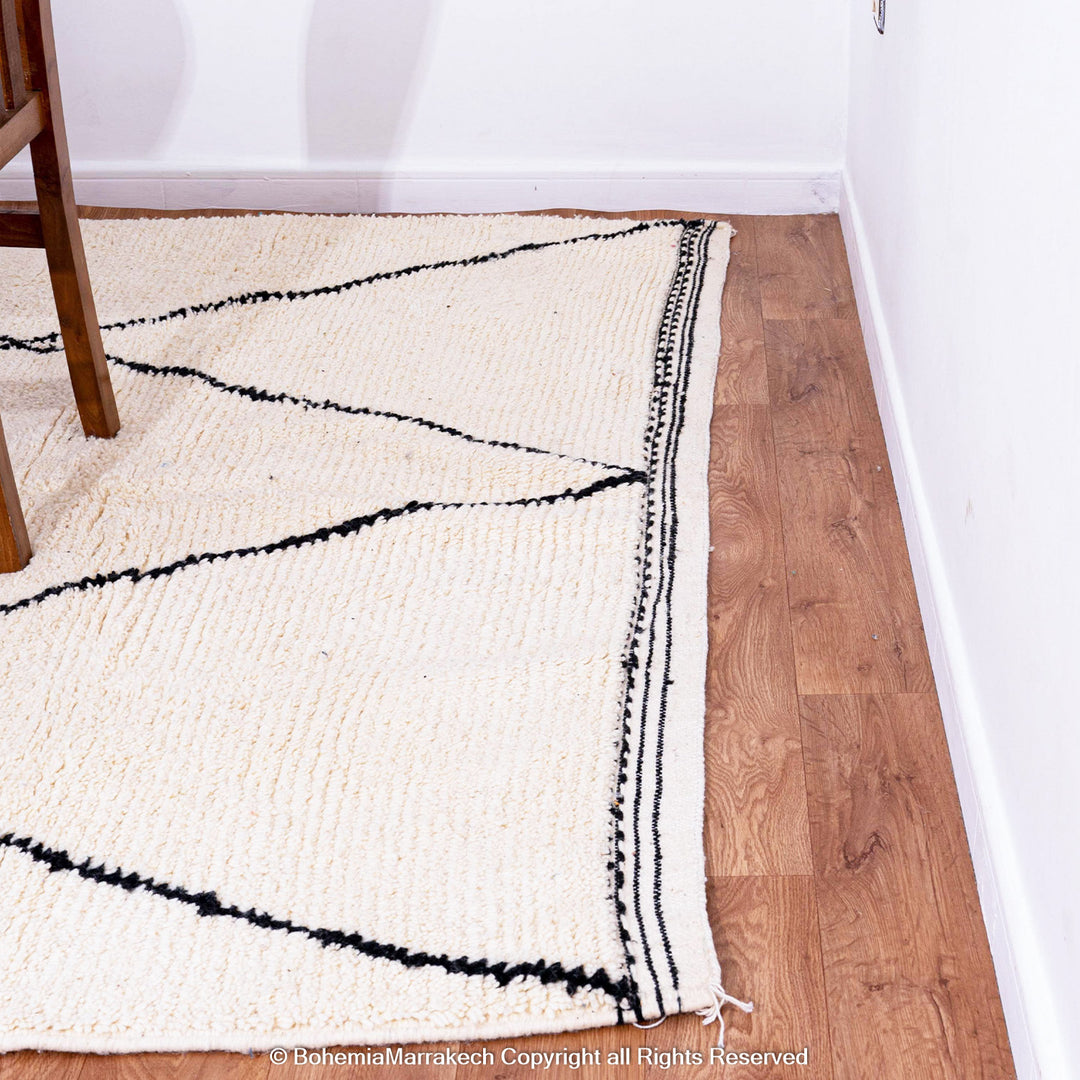 Black and white handmade Moroccan runner rug with diamond pattern in Beni Ourain wool style