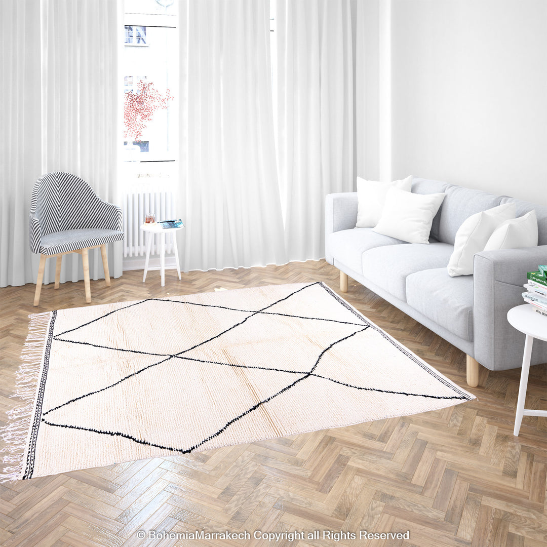 Black and white handmade Moroccan runner rug with diamond pattern in Beni Ourain wool style