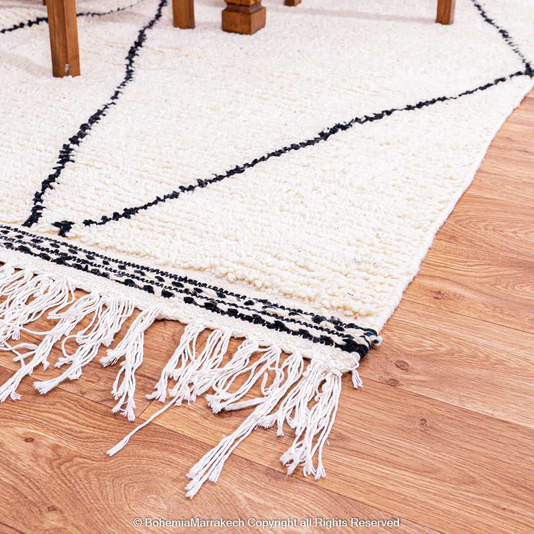 Black and white handmade Moroccan runner rug with diamond pattern in Beni Ourain wool style