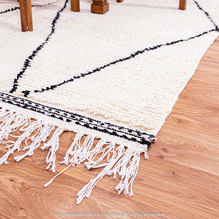 Black and white handmade Moroccan runner rug with diamond pattern in Beni Ourain wool style