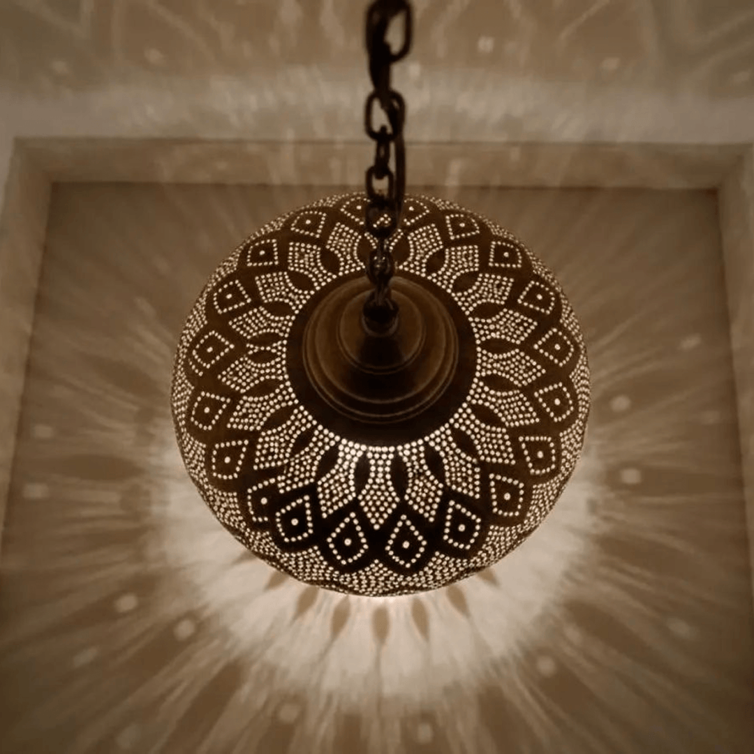Handmade Moroccan Brass Flush Pendant Light – Boho Ceiling Lamp
