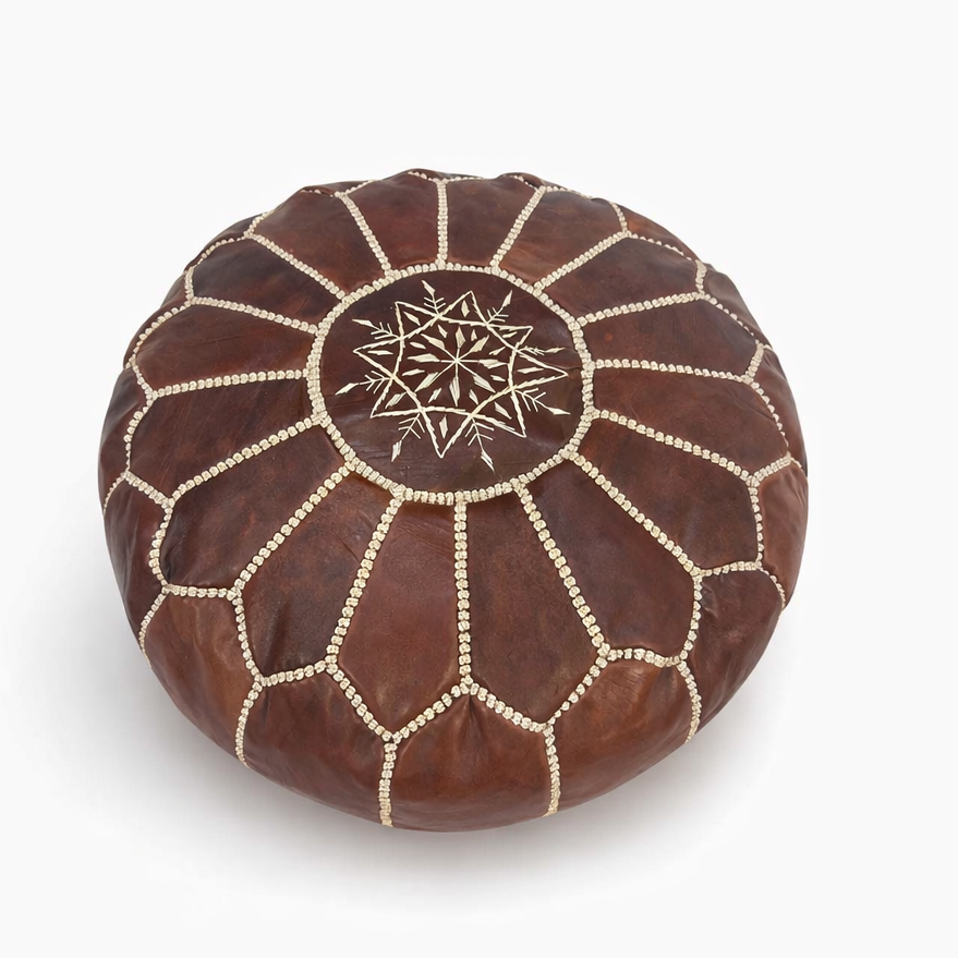 Handmade Genuine Moroccan Leather Pouf – Brown Berber Ottoman