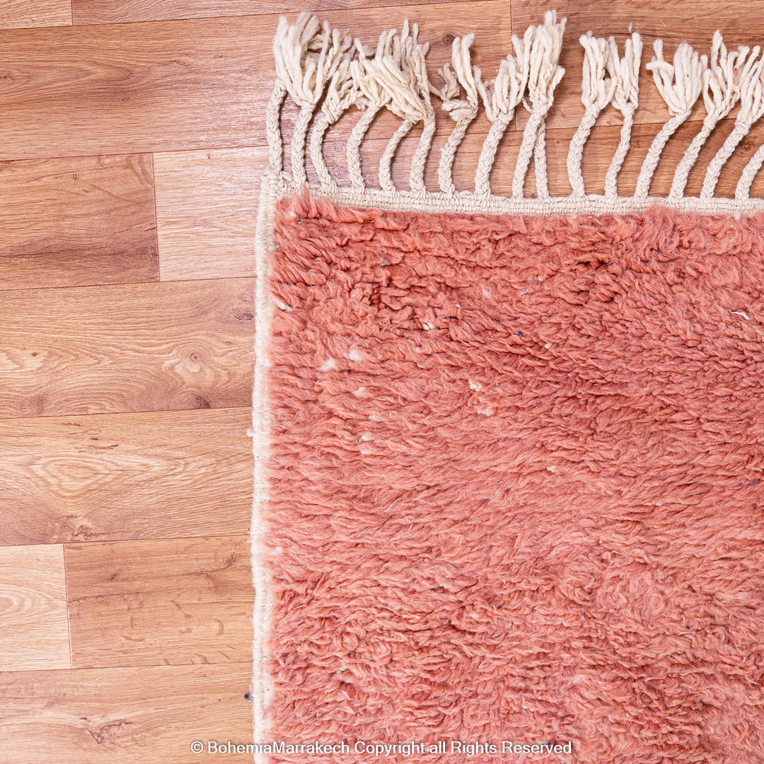 Handmade color block Moroccan rug with orange, black, pink, and blue wool – Beni Ourain style