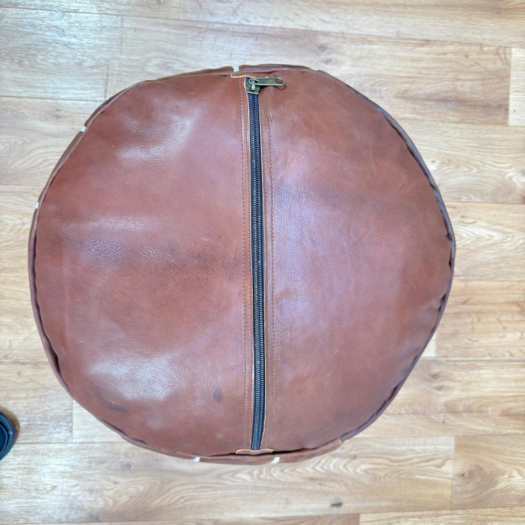 Handmade Genuine Moroccan Leather Pouf – Brown Berber Ottoman
