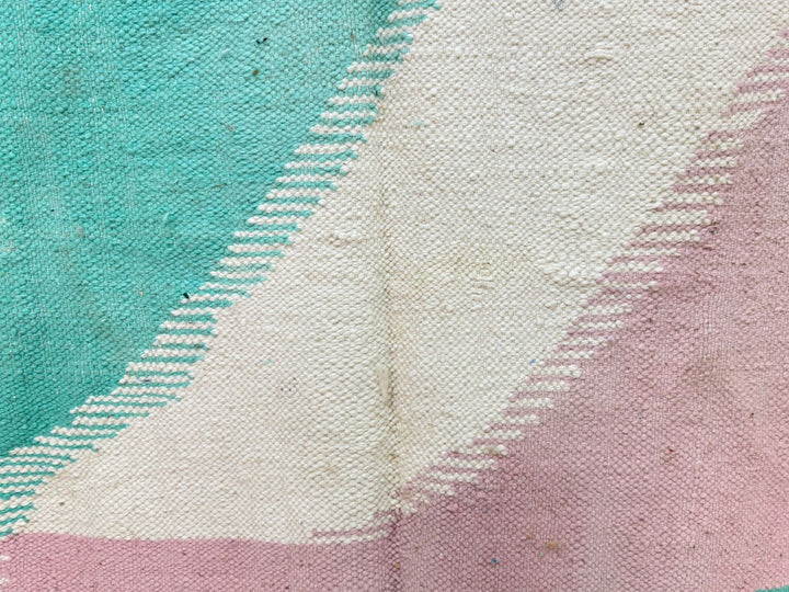 Flatweave Moroccan Rug – Abstract Turquoise & Pink Wool Carpet